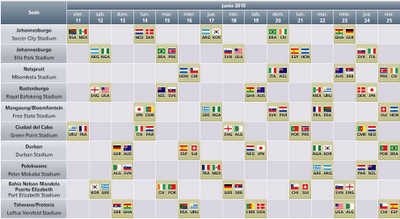 Calendario Oficial del Mundial 2010 para el mes de Junio